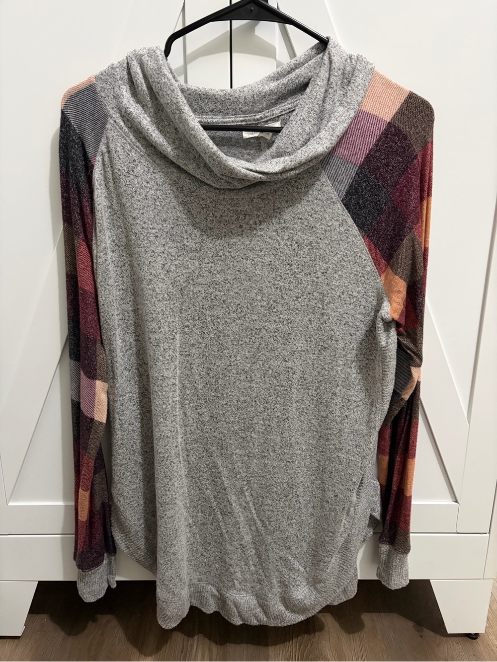 Maurices Gray Cowl Neck Sweater with Plaid Sleeve Accents